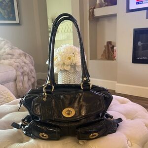 Vintage Coach Peyton Black Patent Leather Shoulder Bag with Gold Accents
